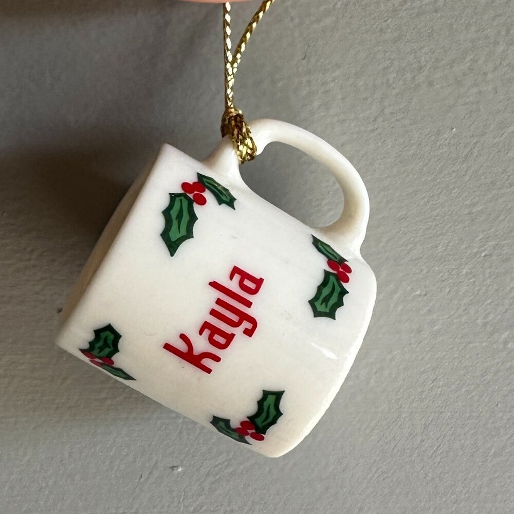 Mini Ceramic Mug Christmas Ornament - Personalized Kayla || Ganz || Vintage